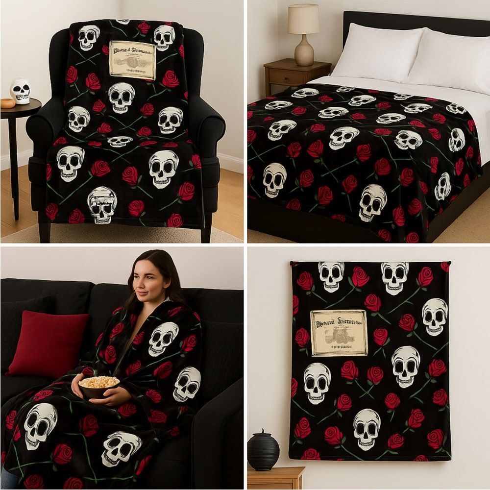 Madam Trousso’s skull and roses plush throw blanket (50” × 70”) NWT Halloween